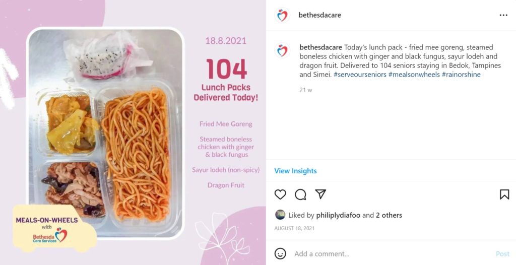 Example of a Meals-on-Wheels lunch pack shown on BCS Instagram post
