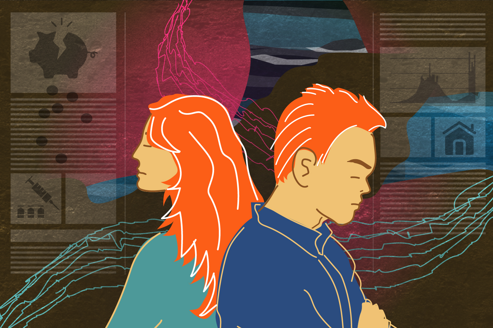 Graphics depicting couple stress amidst covid landscape news